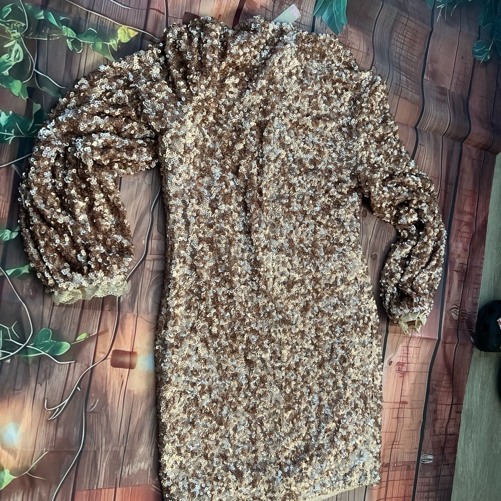 Sequin Long Sleeve Mini Dress — Gold - Picture 2 of 3